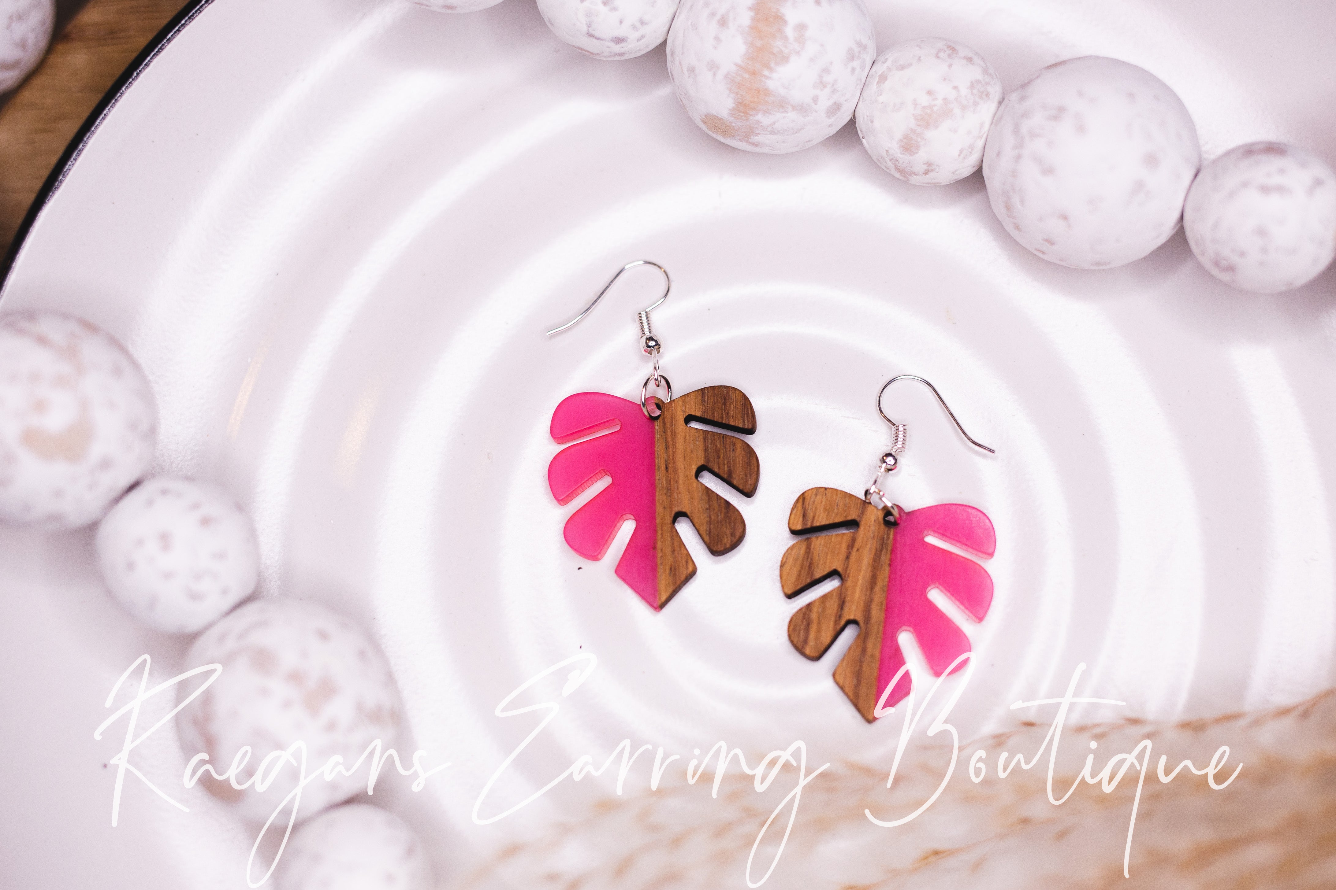 Bright Pink and Wood Leaf Earrings