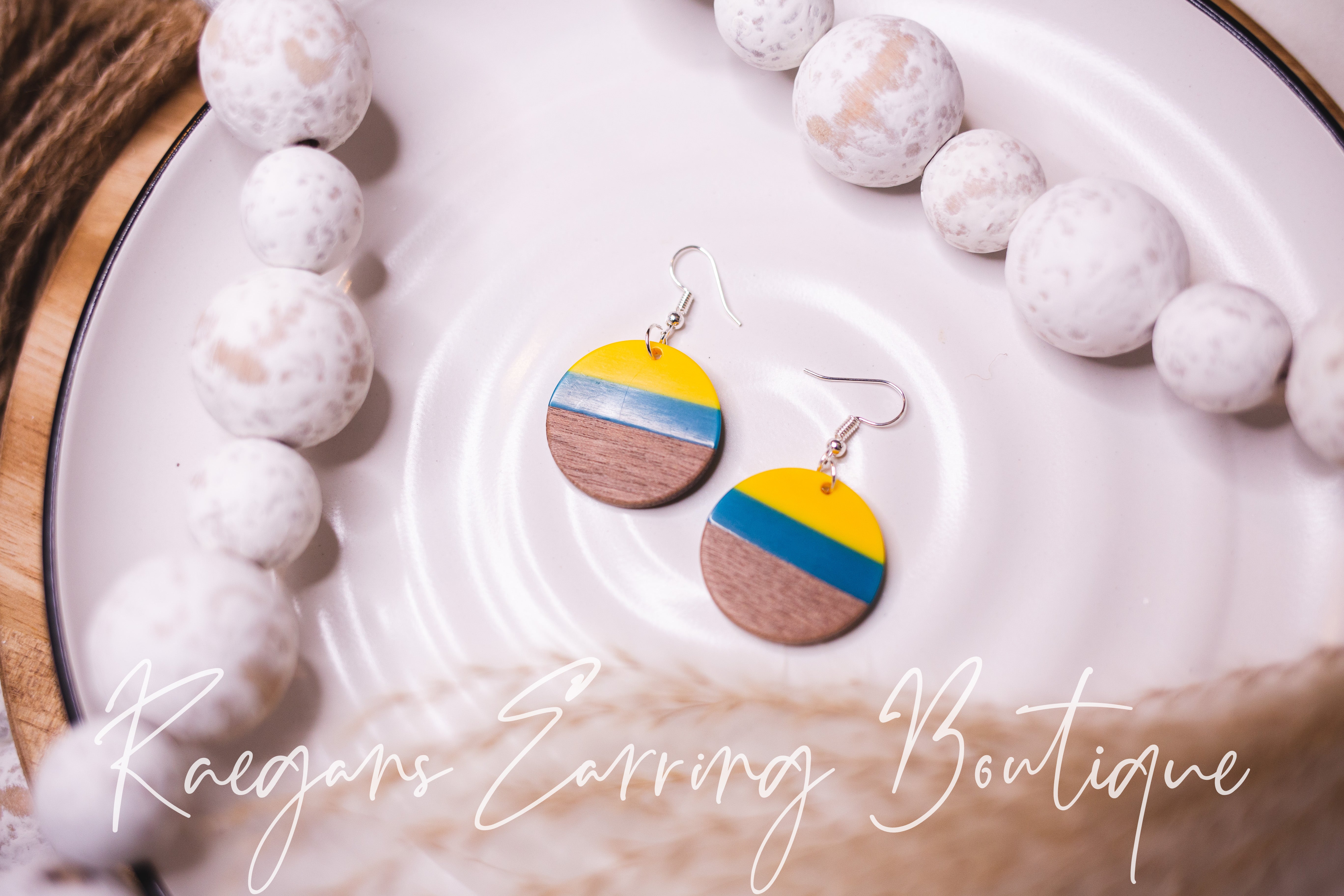 Yellow, Blue, and Wood Round Earrings