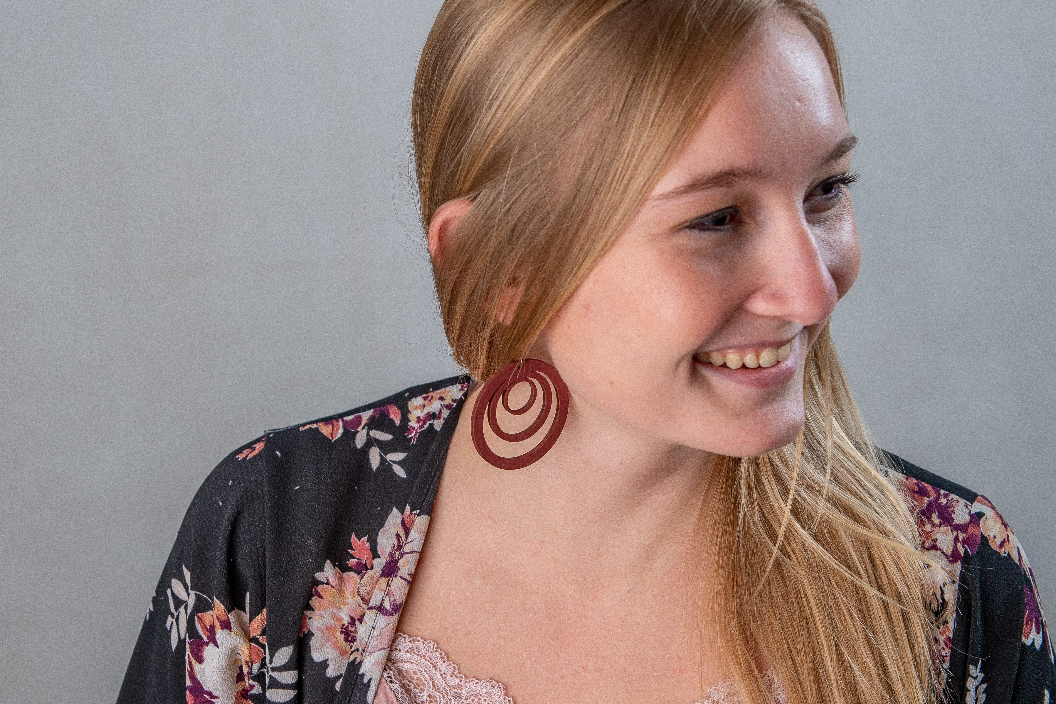 Matte Red Round Wood Earrings