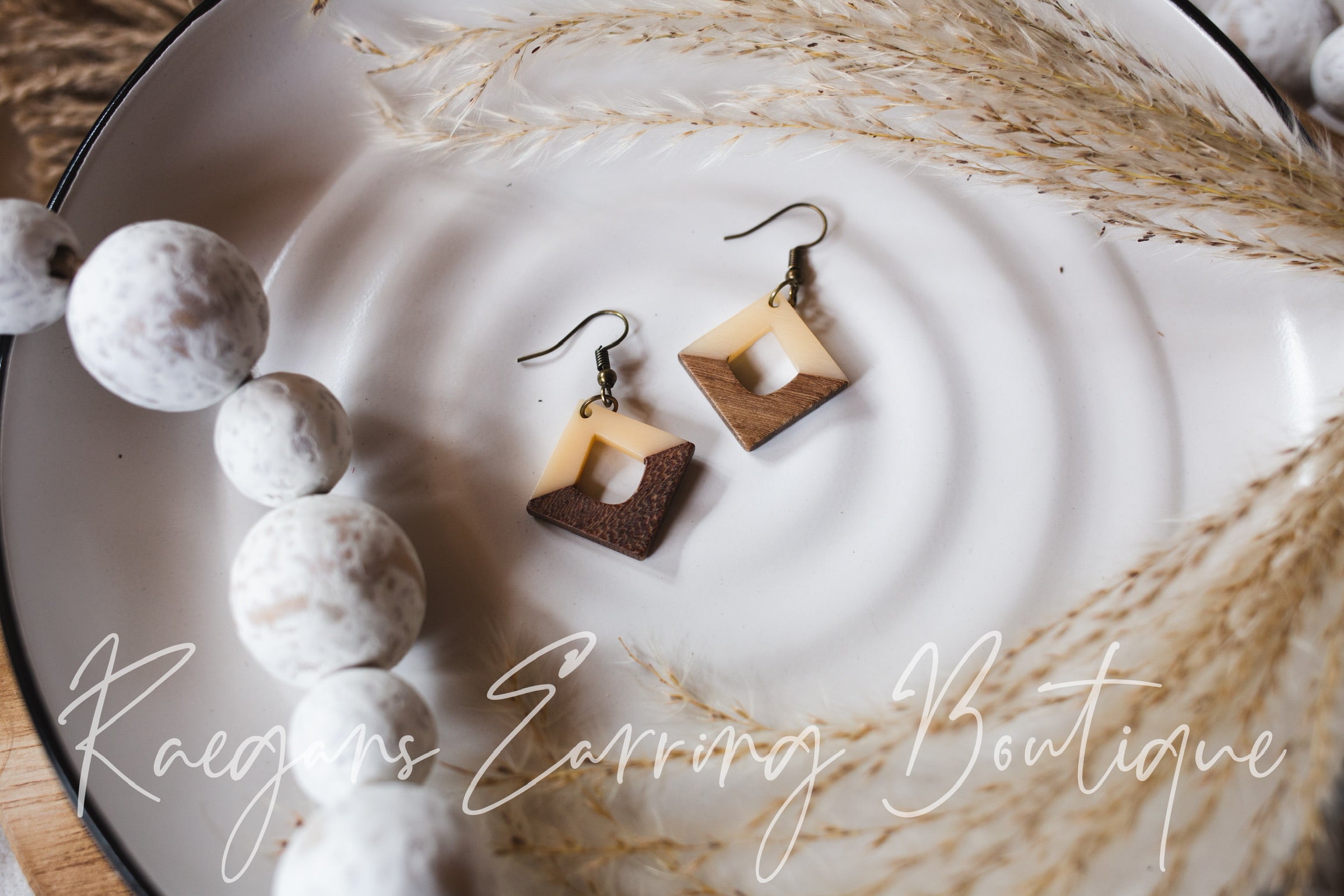 Cream and Wood Square Cutout Earrings