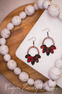 Wood and Scalloped Red Plaid Cork Earrings —